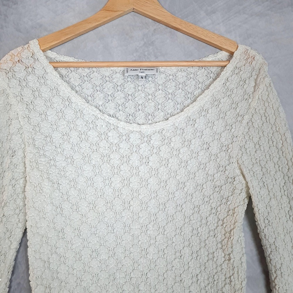 Anne Fontaine Top Womens 4 White Sheer Lace Floral Scoop Neck Long Sleeve Blouse - Picture 2 of 16